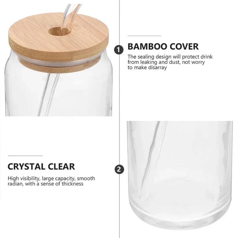550ml Glasbecher mit Bambusdeckeln und Strohhalm Transparente Einmachgläser Kaffeetasse Biergläser Für Milch Saft Cola