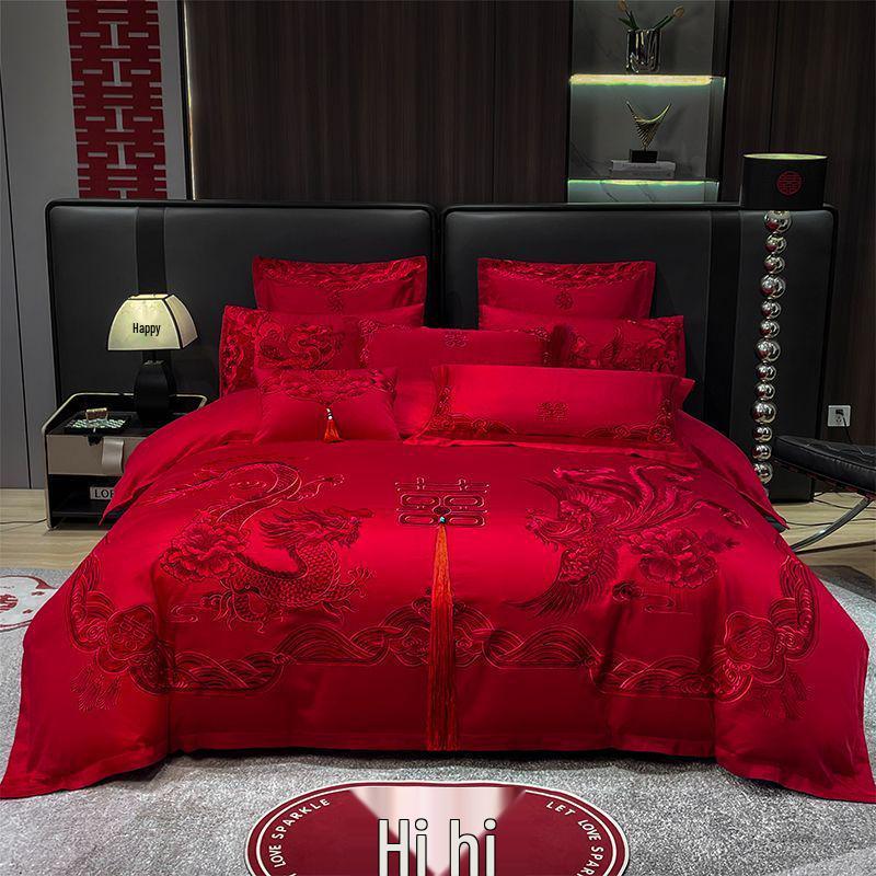 G5Z Κινεζικού Στυλ Κεντητό Κόκκινο Σετ Κλινοσκεπασμάτων Γάμου - Εορταστικό Τετραπλό Σετ με Παπλωματοκάλυμμα για Νιόπαντρα