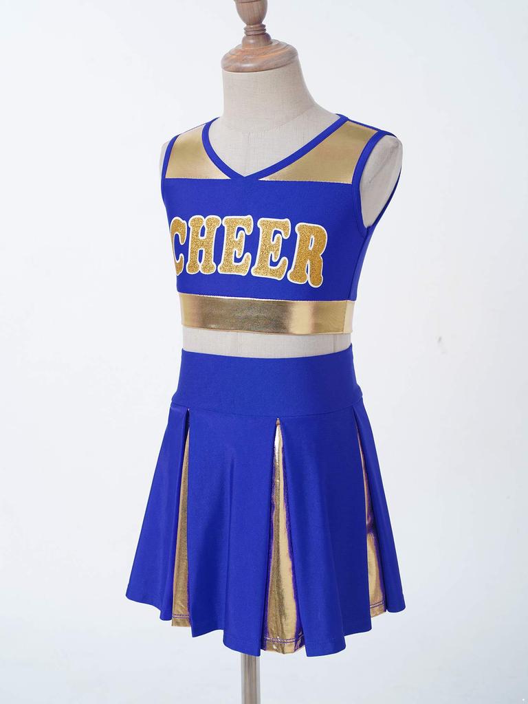 Girls Cheerleading Dance Set Patchwork Crop Top V Neck Letter Print with Elastic Waist Skirt