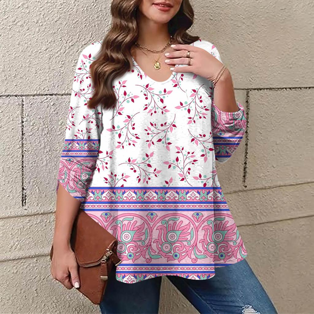 Women's Plus Size Fashion Printed Casual Pleated Round Neck Long Sleeve Top