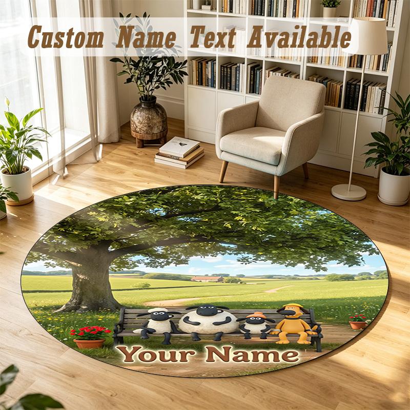 Round Rug Custom NameShaun the Sheep Pattern Non Slip Carpet Home Floor Decor