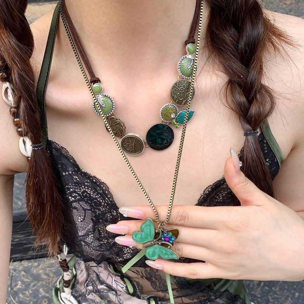 Colorful Vintage Necklace Green Chain Necklace New Choker  for Women