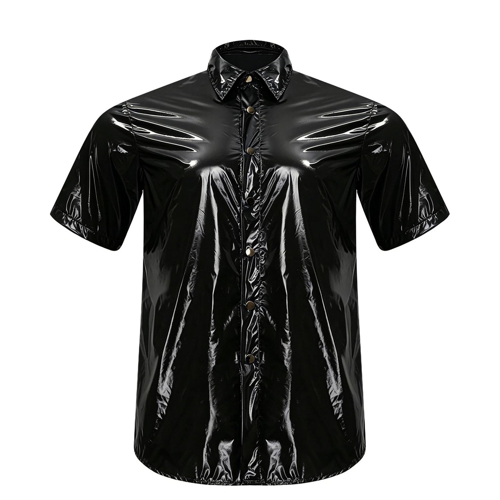 

Men Waterproof Shirt Top Short Sleeve Front Button Lapel Wet Look T-shirt Clubwear Beachwear S чорний