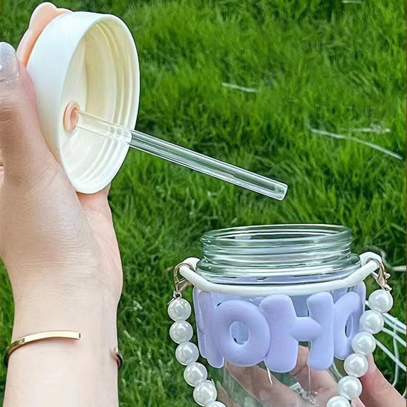 Drinking Cup Transparent Glass High Value Anti-Scalding Cute Straw Cup Pearl Bracelet Letter Water Cup