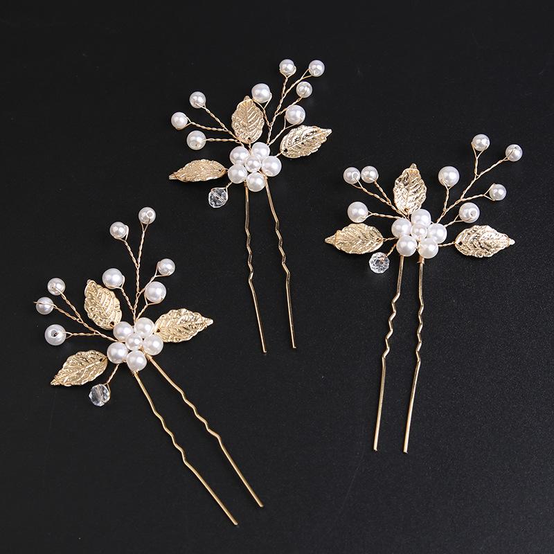 Handmade Pearl Flower Hairpin Gold Color Leaf Shaped Metal Wedding Bride Hair Clips Hair Jewelry Accessories Bride Hair Wear