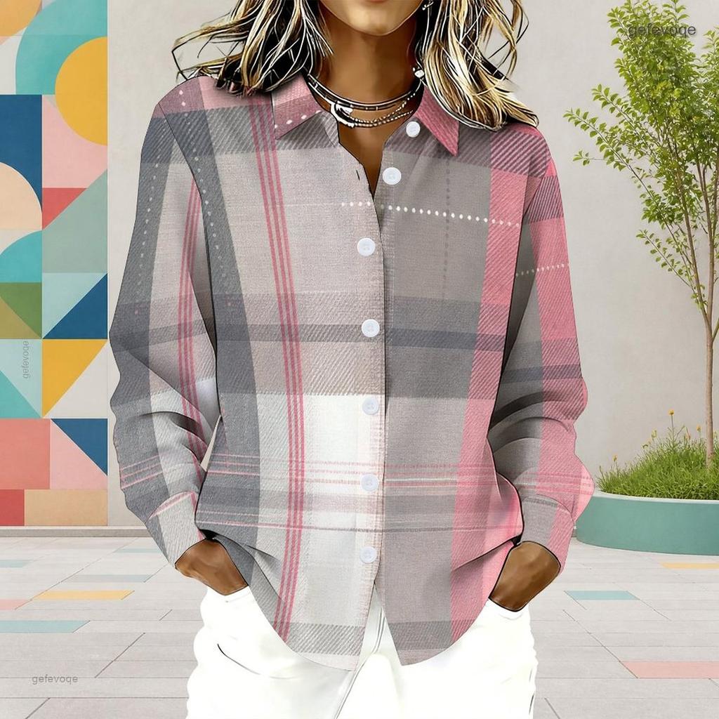 Women Plus Size Collared Neck Long Sleeve Plaid Printed Button Front Shirt Pink Gray White