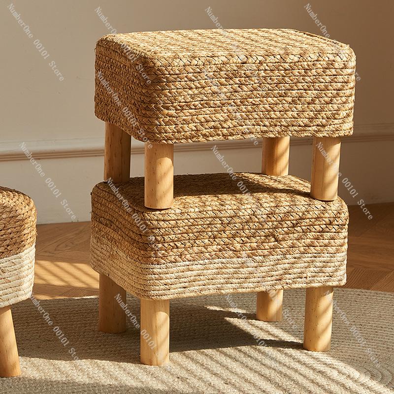 Pastoral Rattan Shoe Stool Small Round Stool Living Room Woven Sitting Pier