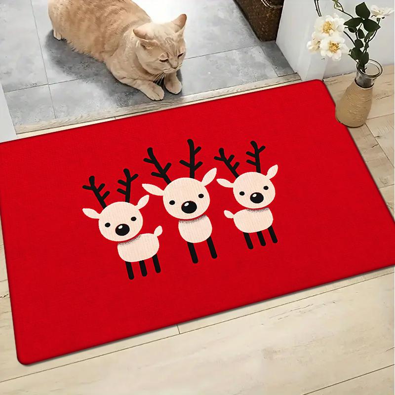 

1pc Festive Red Christmas Door Mat with Adorable Reindeer Print - Non-Slip, Absorbent, Machine Washable Floor Mat for Entryway, 40cm x 60cm