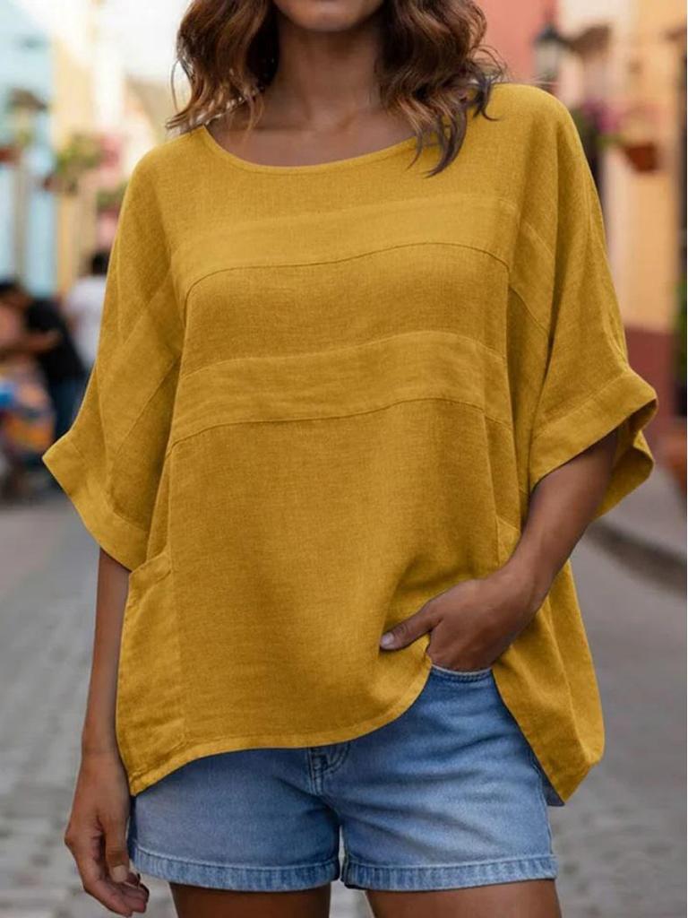 European & American Women's Summer Casual Loose Top - Round Neck, 3/4 Sleeve