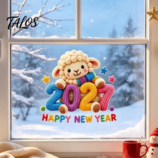 Removable Holiday Stickers Chinese New Year Window Stickers, 2027 Goat Static Clings, Reusable Easy Apply Film Crochet Knit Lamb Decor for Home