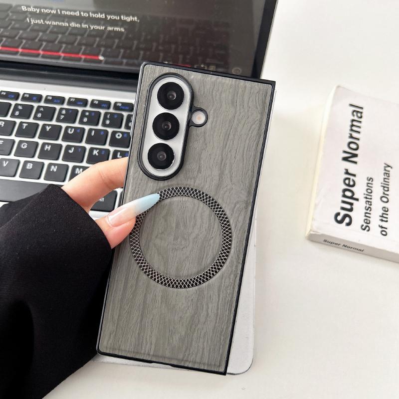 MagSafe Magnetic Wireless Charging PC+ Imitation Wood Grain Leather Phone Case For Samsung Z Fold 7 6 5 4 3 Folding Back Cover