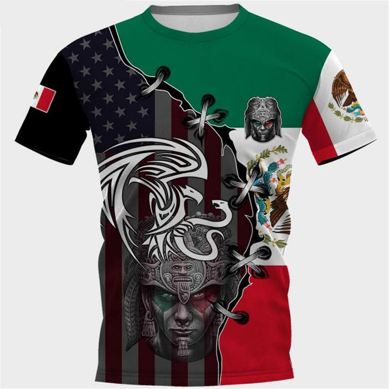 Fashion Mexico National Flag Print T Shirt For Men Funny 3D Eagle Pattern Short Sleeve Summer Casual O-neck Loose Top Men's Tees