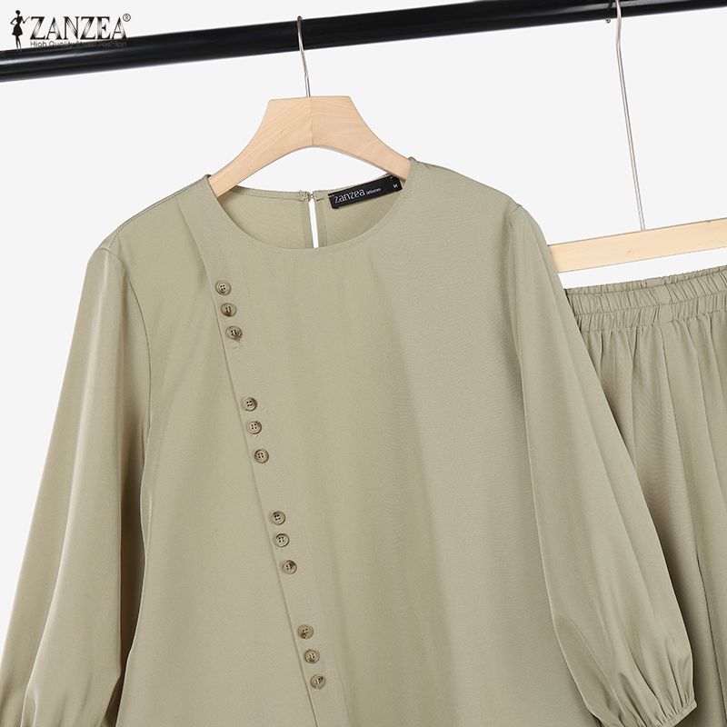 ZANZEA Women Long Sleeve Blouse and Long Pants Casual Two Piece Suit Sets
