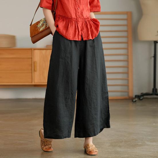 Women Summer Spring Pants Wide Leg Oversized Straight Solid Color Elastic Waist Match Top Pockets Deep Crotch Lady Ninth Pants Lady Garment
