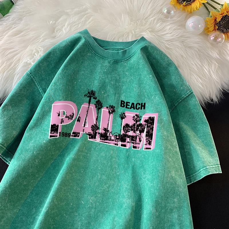 Palm Beach Print T-shirt Men Pink Letter Shirt Cotton Vintage Washed Tee Street Soft Comfort T-shirts Men Clothing