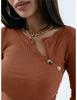2024 Simple Ribbed V-Neck Long Sleeve Button Women's Top for Autumn/Winter