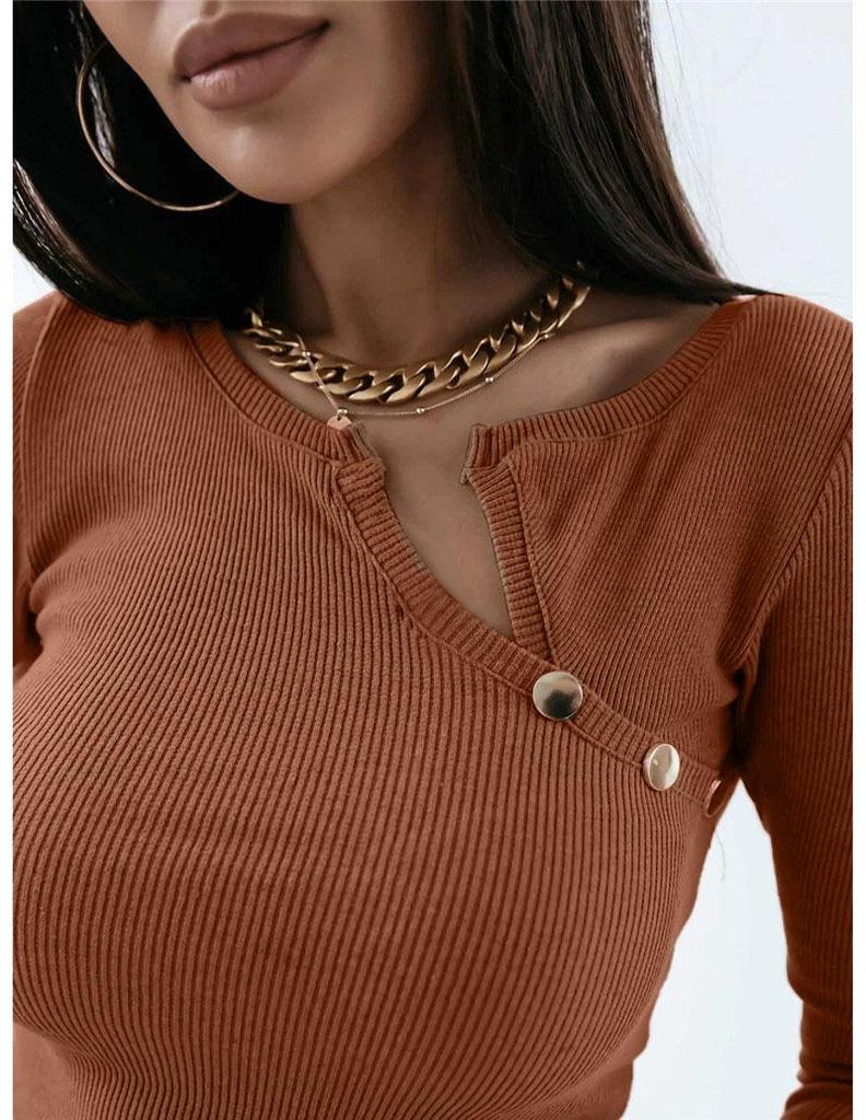 2024 Simple Ribbed V-Neck Long Sleeve Button Women's Top for Autumn/Winter