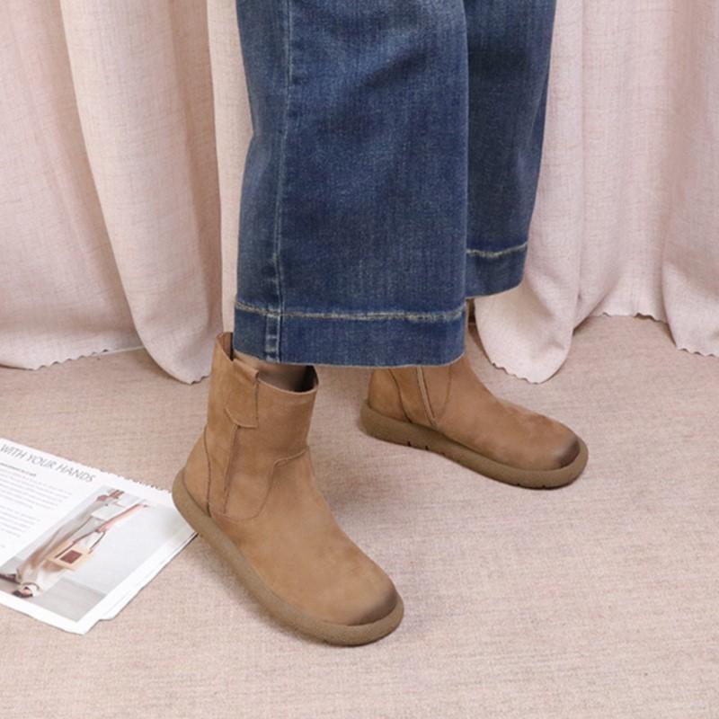 Johnature Versatile Solid Color Short Boots Retro Genuine Leather Round Toe Flat Women's Shoes