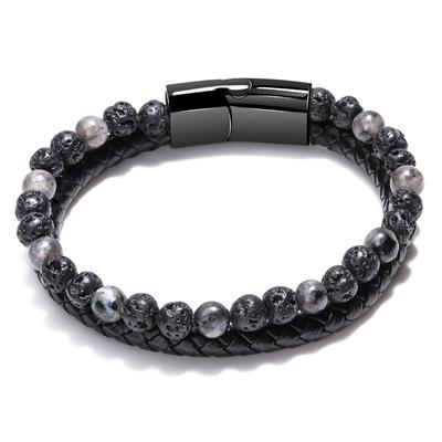 Bracelet Natural Tiger Eye Volcanic Stone  Beaded Men's Cowhide Rope Agate