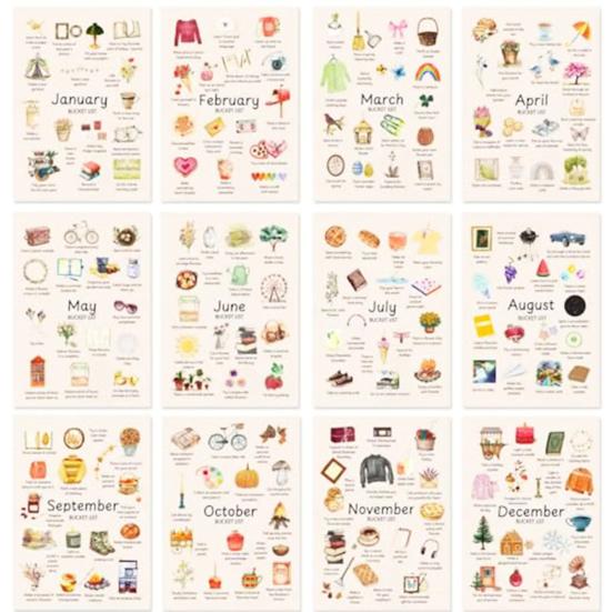 2026 Bucket List Kalender Künstlerischer Wandkalender Planer Hängender Monatskalender Zeiterinnerungskarte für Heim- und Bürogebrauch