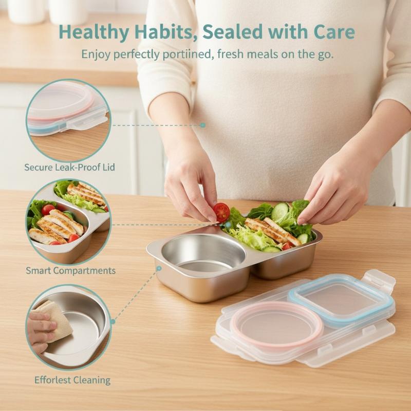 Stainless Steel Divided Lunch Box Leak Proof Food Storage Container Sealed Bento Box For School Office Picnic Daily Lunch Use