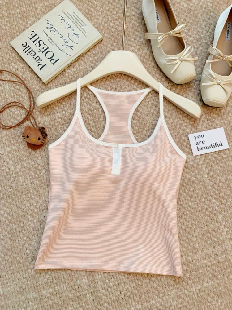 Spring/Summer Korean Slimming Striped Color Block U-Neck Backless Camisole for Women