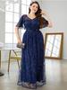 European-American V-neck Lace Evening Dress with Mid-Sleeves, Elegant for Banquets and Spring Events.