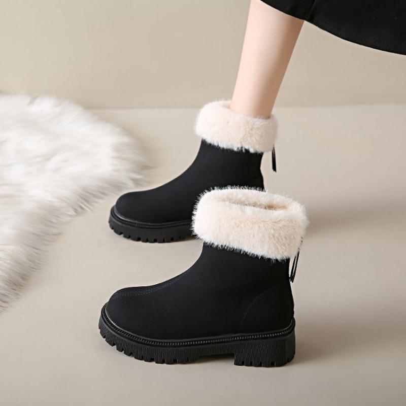 Snow Boots Women's Autumn and Winter New Round Head Large Size Thick Heel Velvet Warm Zipper Comfortable Cotton Shoes