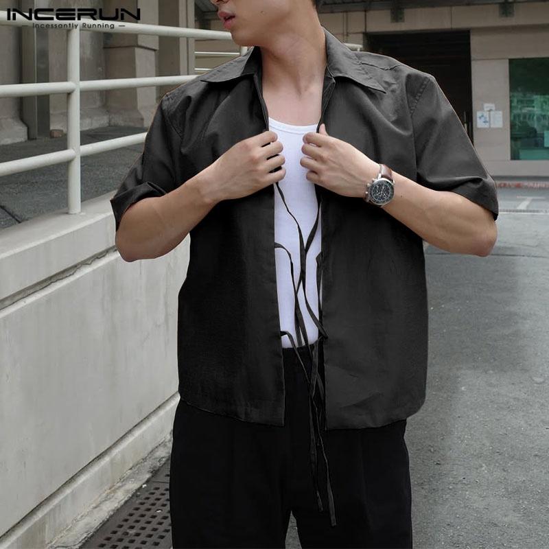 

INCERUN Men Summer Turn-down Collar Short Sleeve Lace-up Casual Shirts чёрный