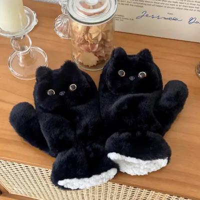 Guantes de Felpa de Gato Negro - Calidez Invernal Linda, Cortavientos y Resistentes al Frío, Cobertura Total con Adorable Diseño de Gato, Actividades al Aire Libre, Guantes de Invierno