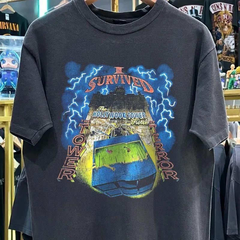 Retro Street 90s Black Tower of Terror Hollywood Hotel Retro T-shirt Summer New Unisex Casual Fashion T-shirt L