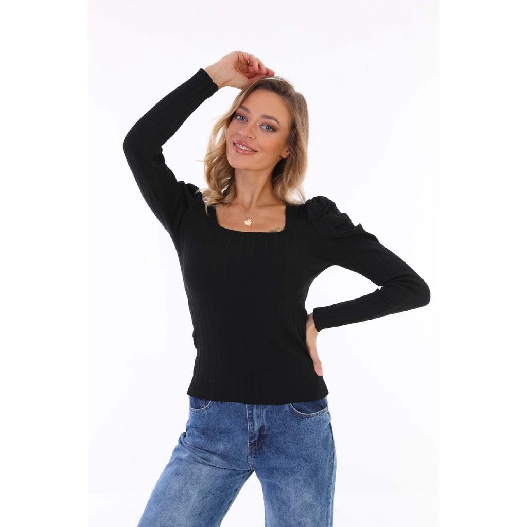 Women's Red Sleeve Pleated Gathered Princess Sleeve Square Collar Blouse Sweater