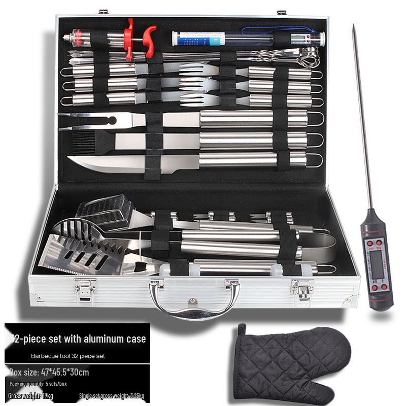 Meigo Stainless Steel BBQ Tool Set, 32 Pieces, with Portable Cloth and Aluminum Case Options, New.