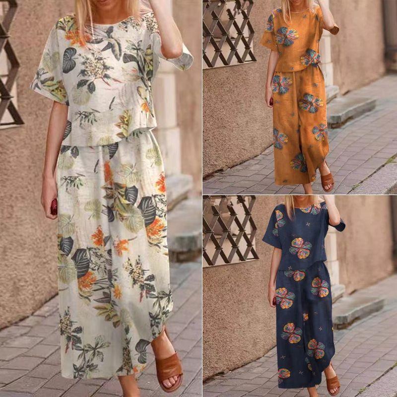 2026 Summer Women's Casual Cotton Linen Two-Piece Set with Printed Long Pants