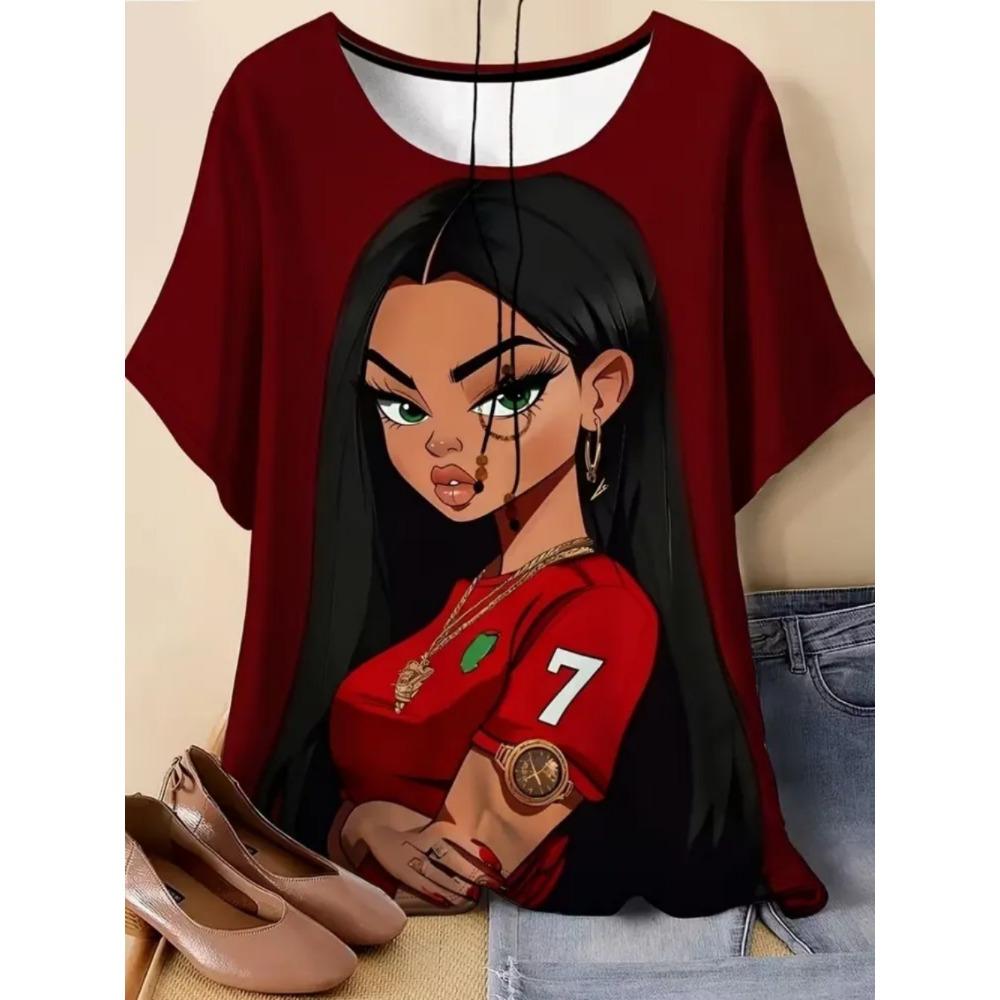 Simple Fashionable Portrait Cartoon Woman Graphic T-shirts Summer Streetwear 3d Printed Loose Comfortable Womens T-shirts