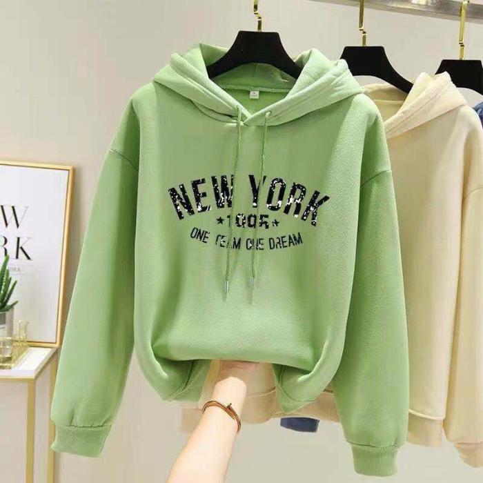 Korean Style Women's Fleece-Lined Hooded Sweatshirt, Plus Size, Loose Fit, Long-Sleeved, for Autumn and Winter.