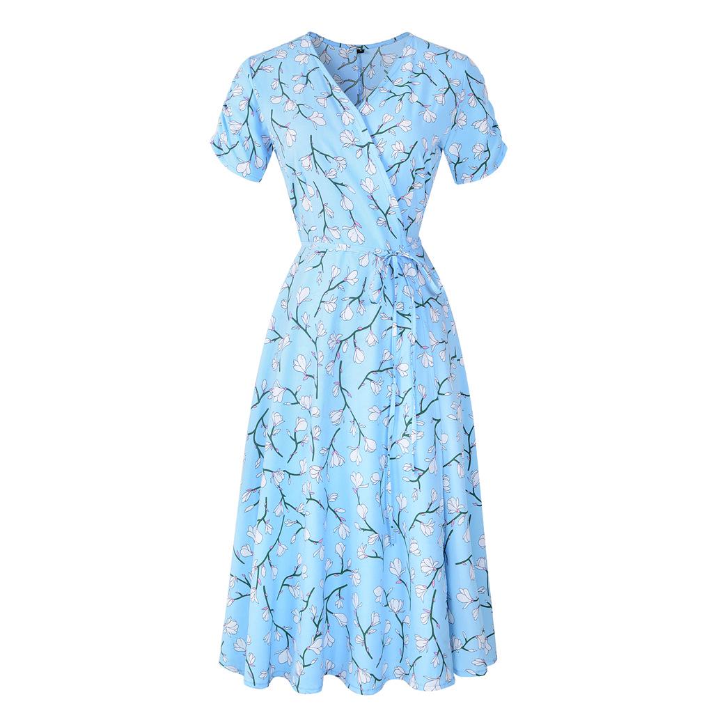 

YYFS женские модные летние весенние повседневные платья с цветочным узором и коротким рукавом с v-образным вырезом и высокой талией XL светло-синий
