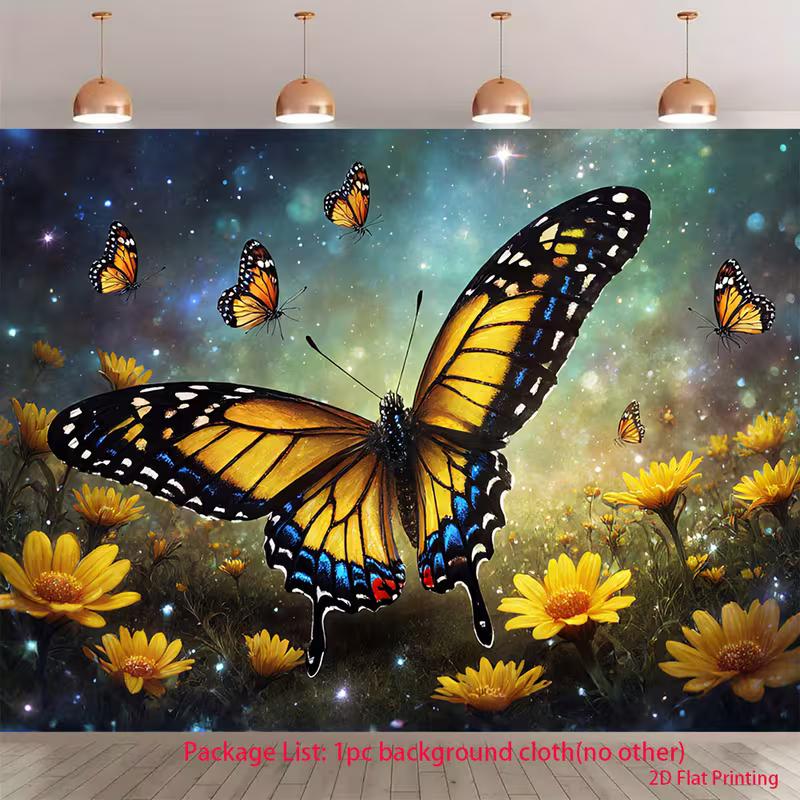 2D Nature Butterfly Tapestry, Monarch & Yellow Flower Galaxy Wall Decor