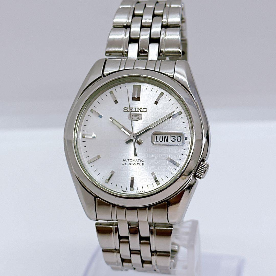 Used Seiko 5 Automatic Men s Watch Back Skeleton Silver Working Current Condition