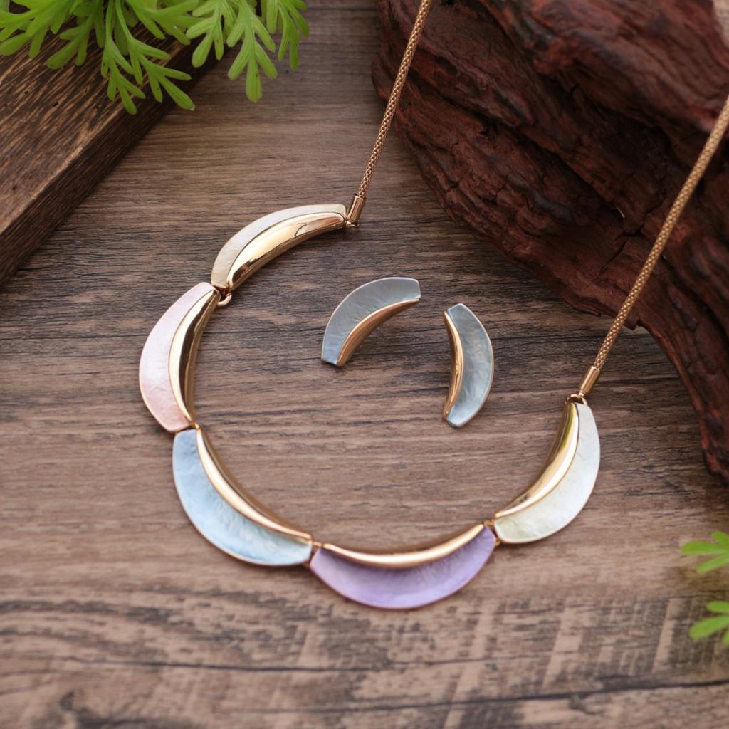 New enamel color crescent stud earrings necklace set, women's simple and high-end crescent moon necklace set