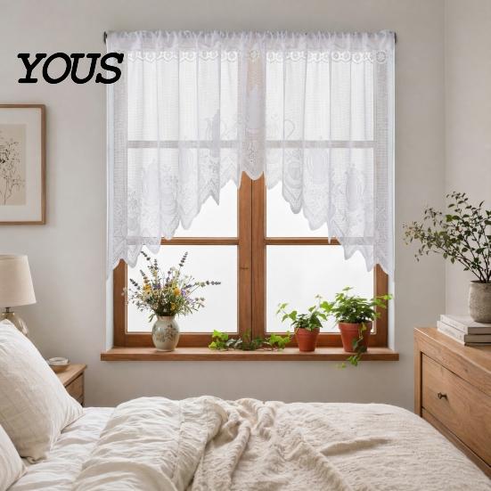 Retro Lace Curtain Half Curtain, Adjustable Lift Structure, Embroidery Floral Sheer Coffee Dustproof Window Screen