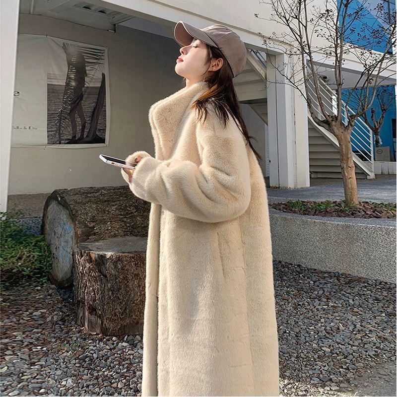 2025 A/W Women's Eco-Leather Overcoat: Thick Long Stand-Collar Mink Fur Cashmere One-Piece