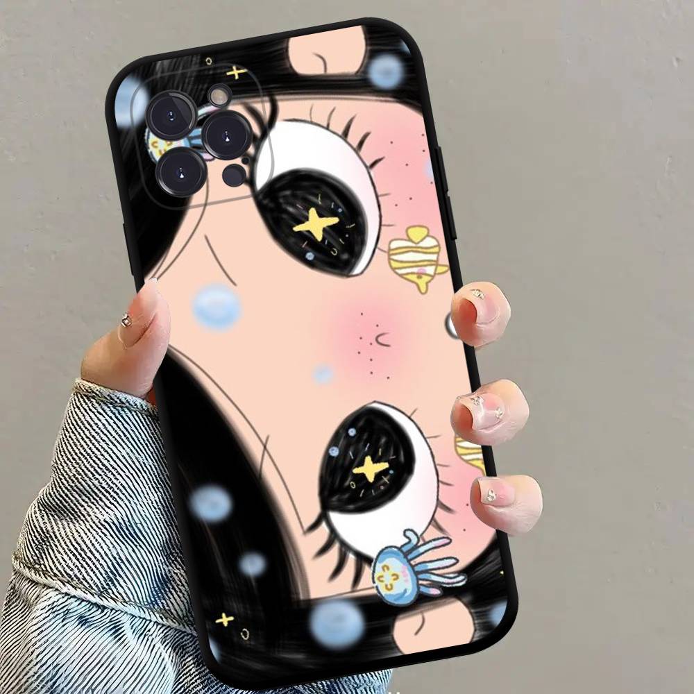 Kawaii Cute Black Big Eyes Cool Phone Case For iPhone 17 16 15 14 13 12 11 Pro Max Plus Mini Soft Silicone Black Shockproof TPU