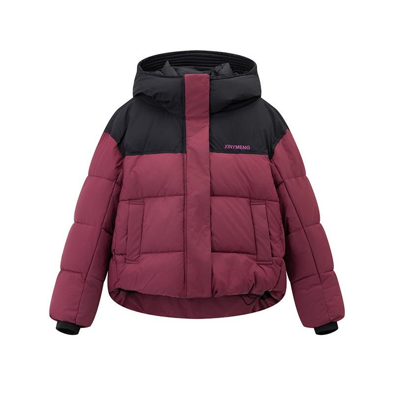 2026 Winter Short Hooded Color Block Padded Cotton Jacket Women Loose Fit Sporty Warm Couple Coat
