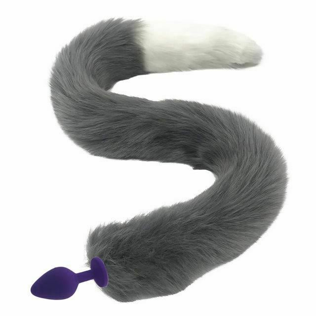 80Cm Long Grey White Fox Tail Cosplay Anal Butt Plug  Pet Play Butt Plug Tails