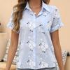 Summer Women Floral Print Short Sleeve Cotton Linen Blouse Turn Down Collar Single Breasted Tops White Yellow Blue Casual Shirt