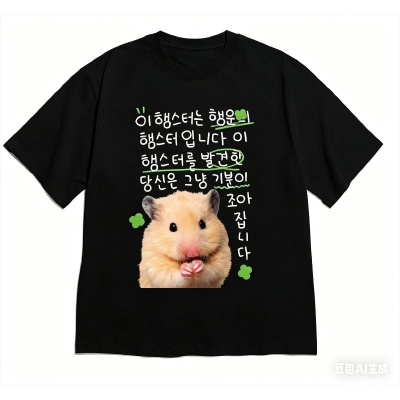 Korean Lucky Hamster Short Sleeve Printed T-shirt for Men and Women Cute Kawaii Hamster Emoji Pattern Summer Casual T-shirt