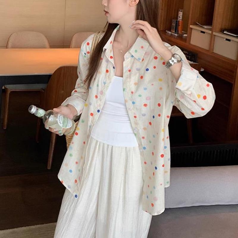 

Красочная повседневная рубашка в горошек с длинным рукавом, свободная блузка, женская защита от солнца, женские топы больших размеров, милые офисные женские рубашки на пуговицах с лацканами 24447 3XL