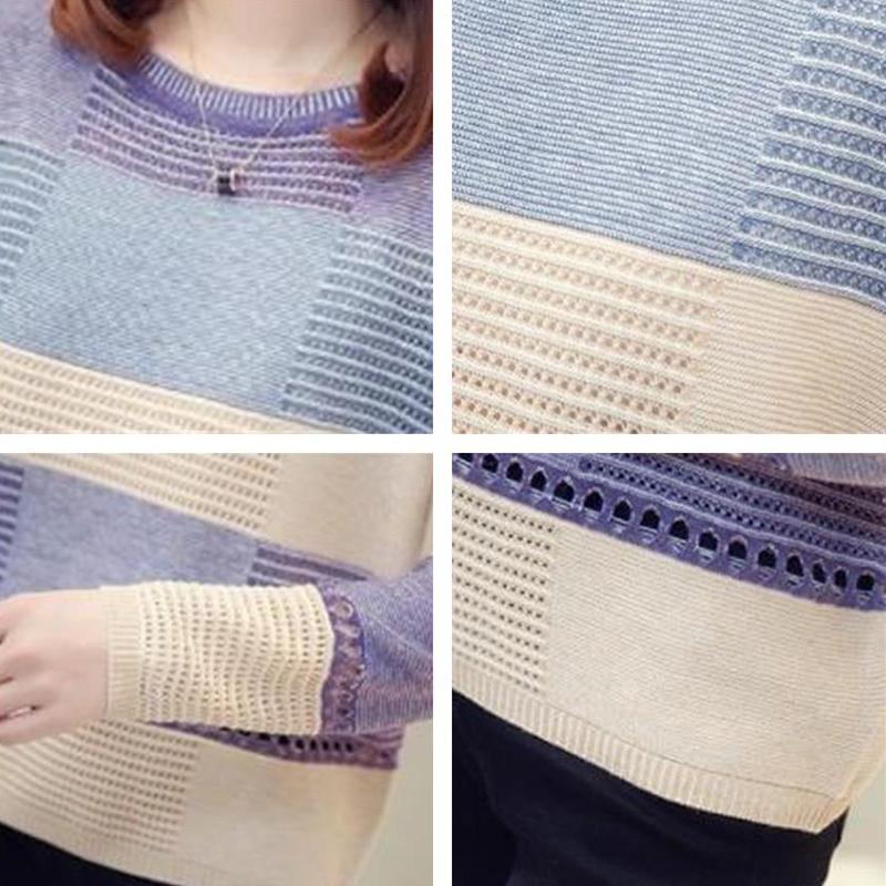 Dzianinowe t-shirty O-neck Wiosna Jesień Patchwork Swetry z długim rękawem Casual Hollow Out Swetry w paski Rozrywka Koreańskie swetry