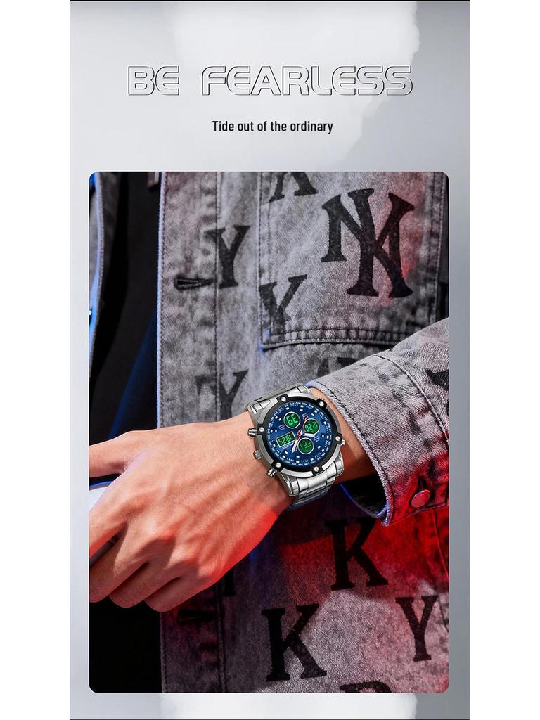 Sanda Dual Movement 5ATM Waterproof Multifunctional Steel Band Men's Watch with Alarm Clock